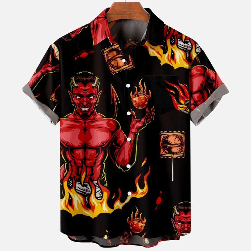 Horror diabo masculino camisa havaiana estampa em 3D, masculina com roupas soltas, respirável, manga curta, verão, 2024