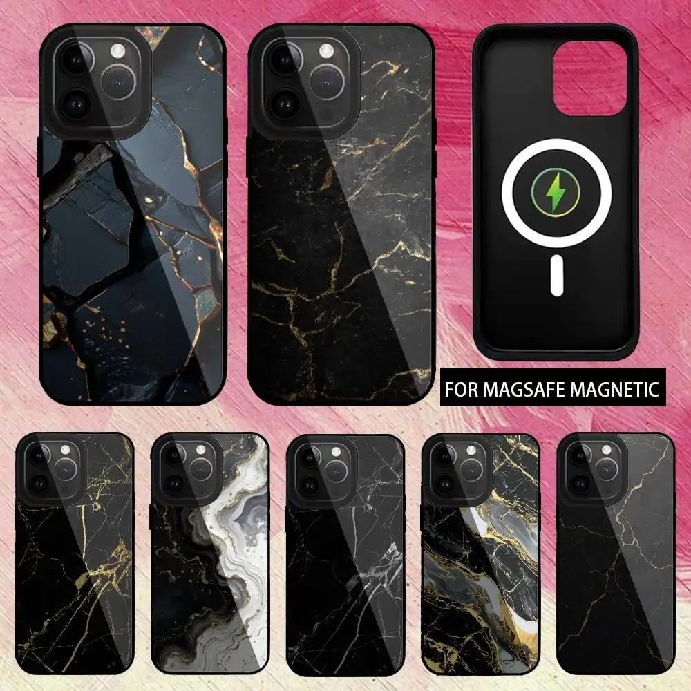 B-funda de teléfono de arte de mármol dorado negro para iPhone17,16,15,14,13,12,11 Plus, carga inalámbrica Magsafe magnética Pro Max