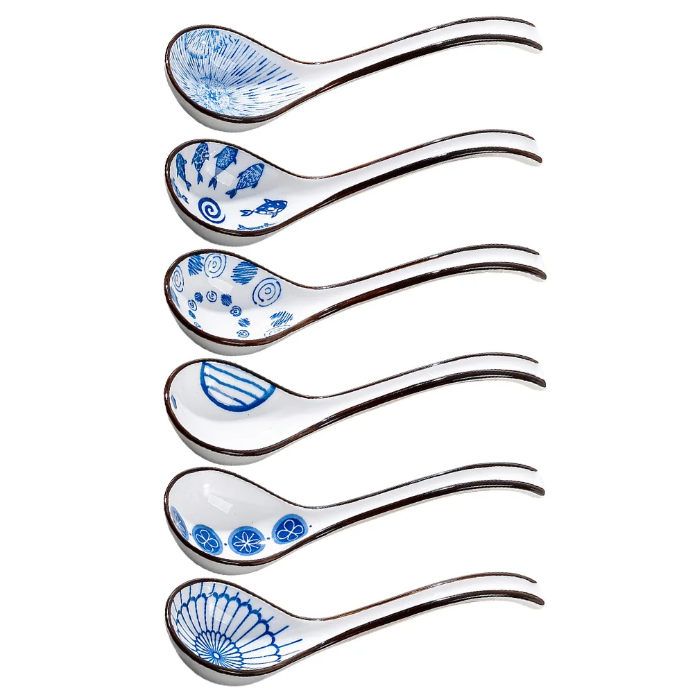 

6Pcs Blue and White Ceramic Soup Spoons Chinese Style Elegant Pattern Safe Healthy Large Capacity Dining Tableware