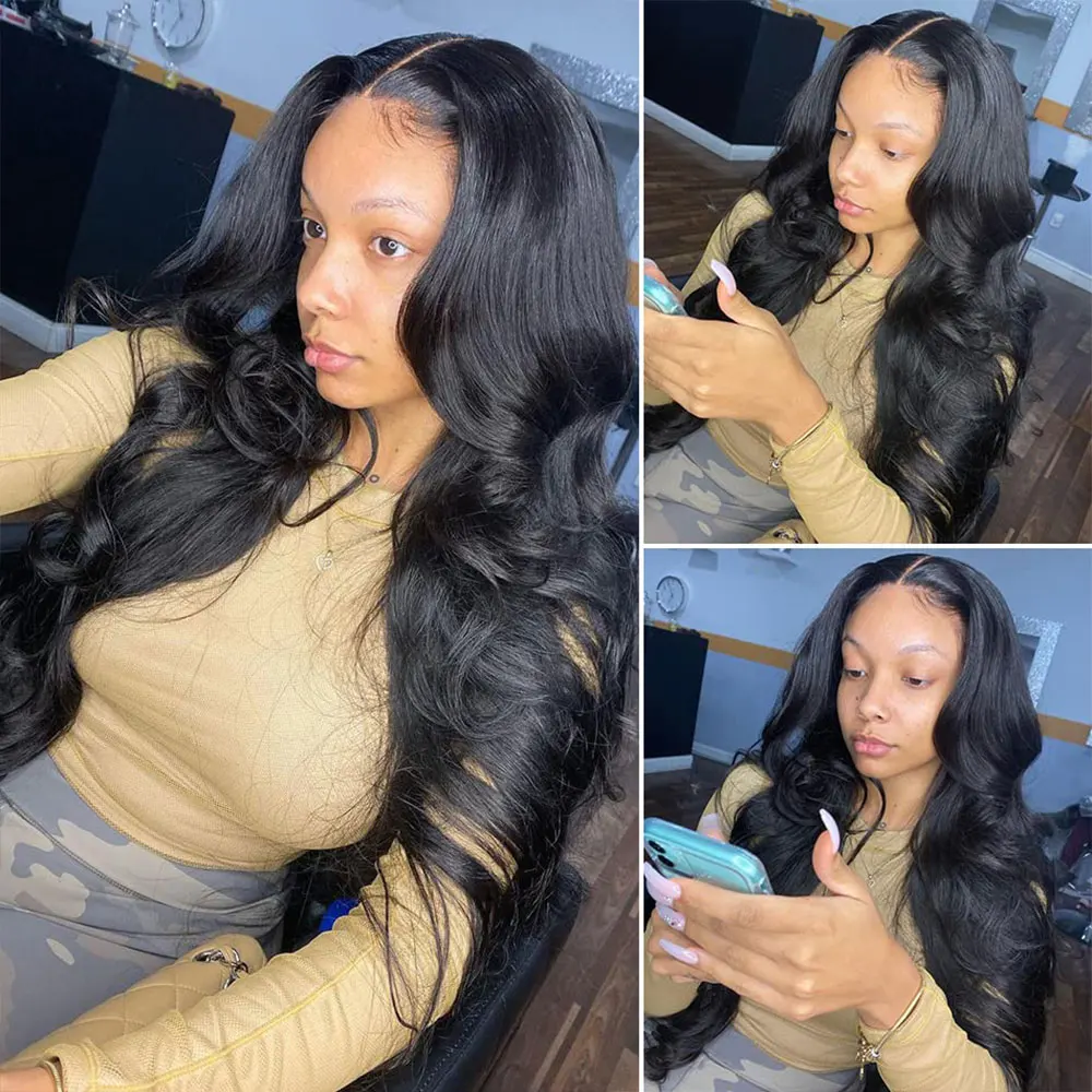 Perruque Lace Front Wig Body Wave brésilienne naturelle, cheveux vierges, pre-plucked, densité 180%, pour femmes