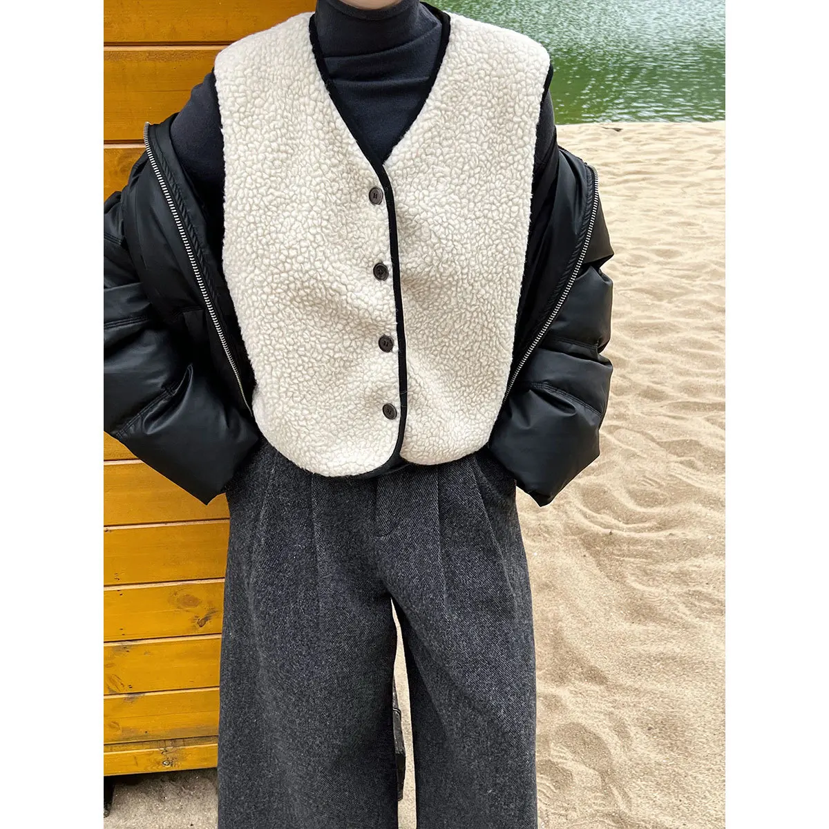 

Женский флисовый жилет без рукавов, зима 202, корейский стиль, контрастная отделка, большой кардиган на пуговицах с v-образным вырезом, пальто 9712