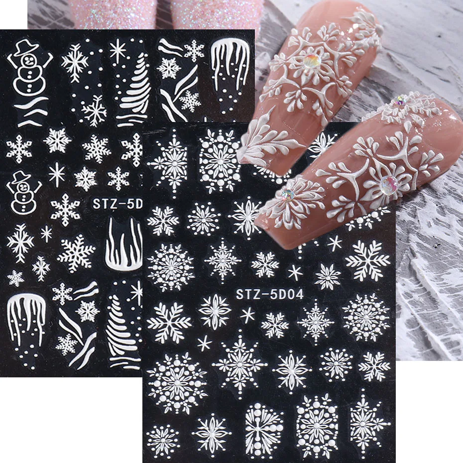 5D Sneeuwvlok Reliëf Nail Sticker Wit Elanden Boom Gesneden Kerstman Kerst Nail Glitter Slider Nail Accessoires SASTZ5D01-08