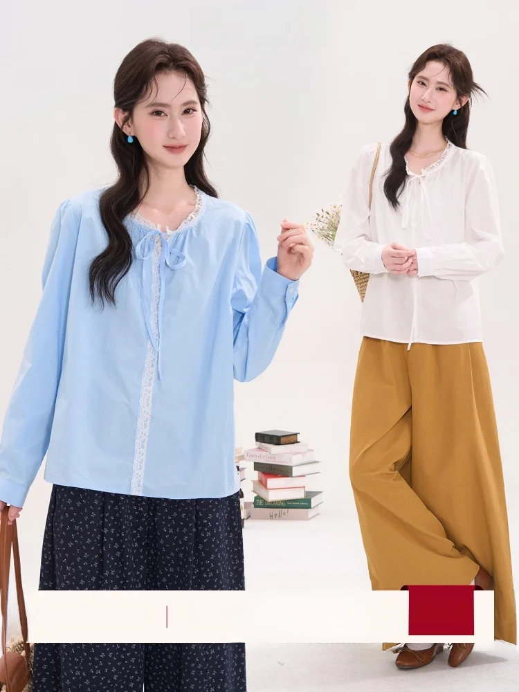 

Princess Style Cotton Long Sleeve V-Neck Shirt with Lace Trim And Belt for Girls Spring Summer Season Cherry Blossom Theme