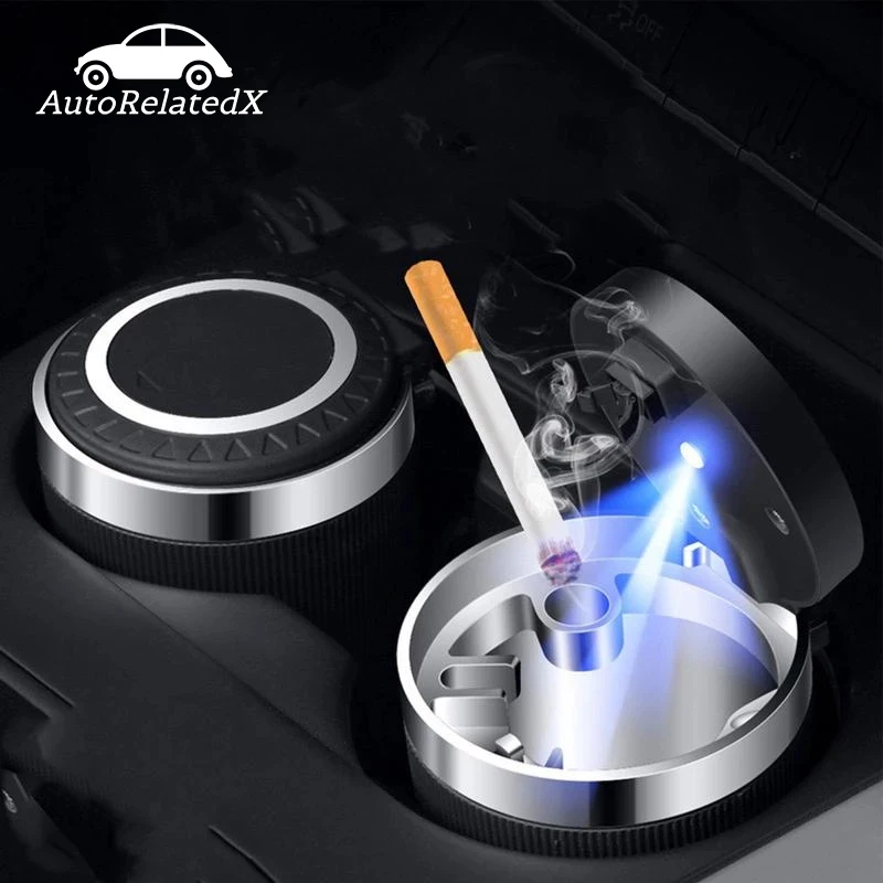 

Car Ashtray With Lid Blue Led Smell Proof Portable Ashtray Cup For Auto Fireproof Shell One Touch Open Car Accessories
