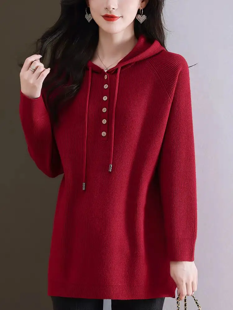 

Korean Fashion 2025 Women's Solid Slim Versatile Hooded Sweater Autumn Winter Long Sleeve Button Pullover Knit Tops Streetwear
