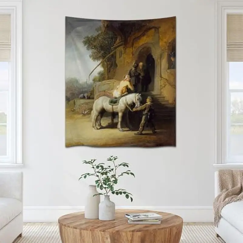 VIKAMA Classical Oil Painting Stable Equine Scene Wall Tapestry White Horse Rider Building Village Vintage Art Bedroom Living