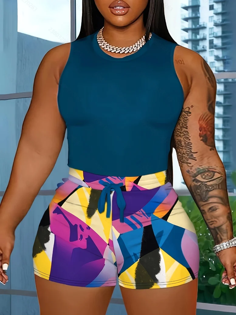 

Модные шорты в европейском и американском стиле с геометрическим принтом, жилет без рукавов, топ из полиэстера, можно стирать машиной, уличный стиль