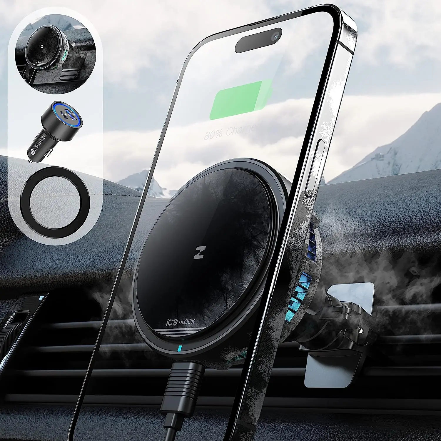 ZEEHOO Cooling Tech Wireless Car Charger IC80S, Compatible with Mag-Safe Car Charger,15W ICEBLOCK Magnetic Wireless Car Charger