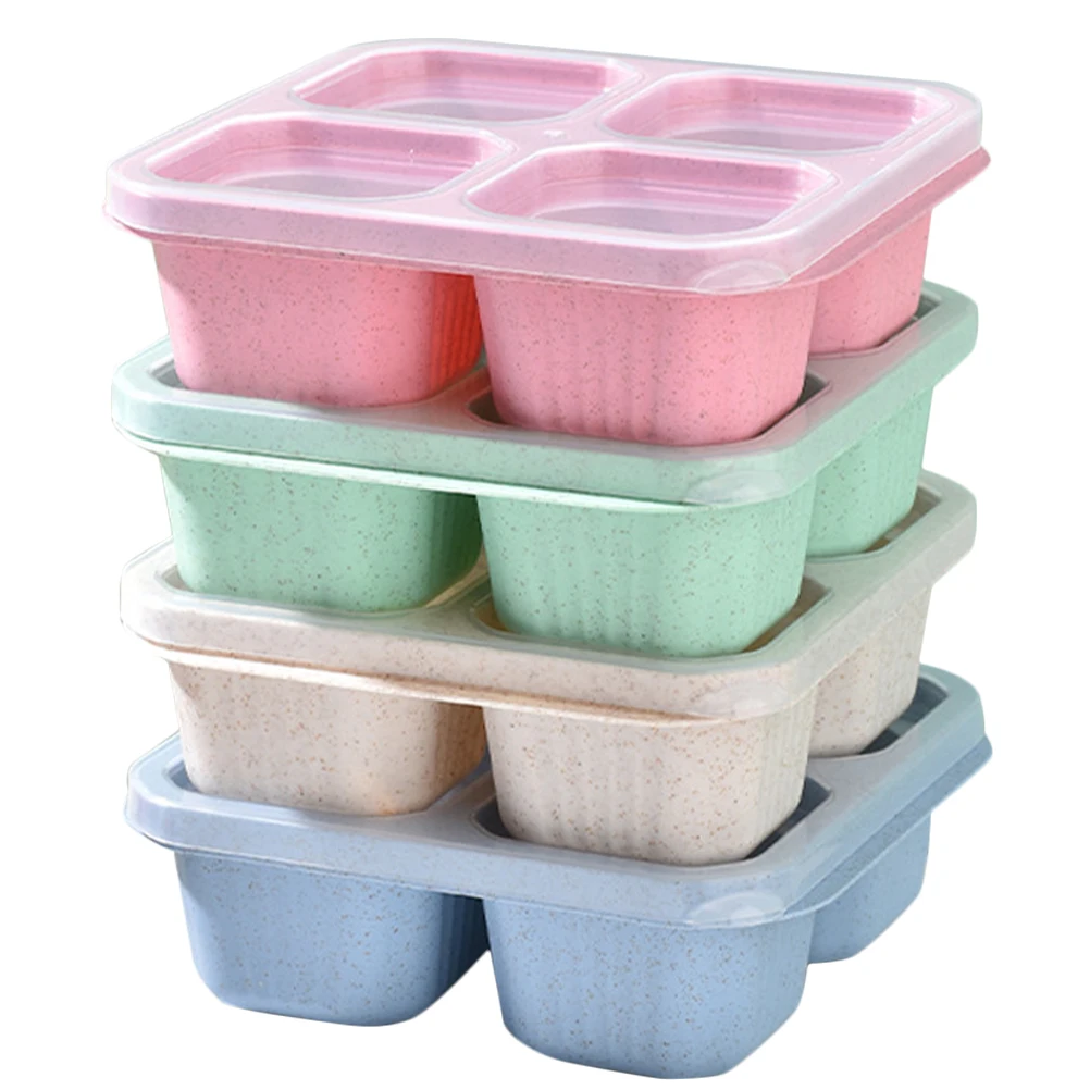 

4pcs Four Compartment Snack Boxes Reusable Transparent Lid Pink Beige Green Blue Storage Kitchen Picnic Travel