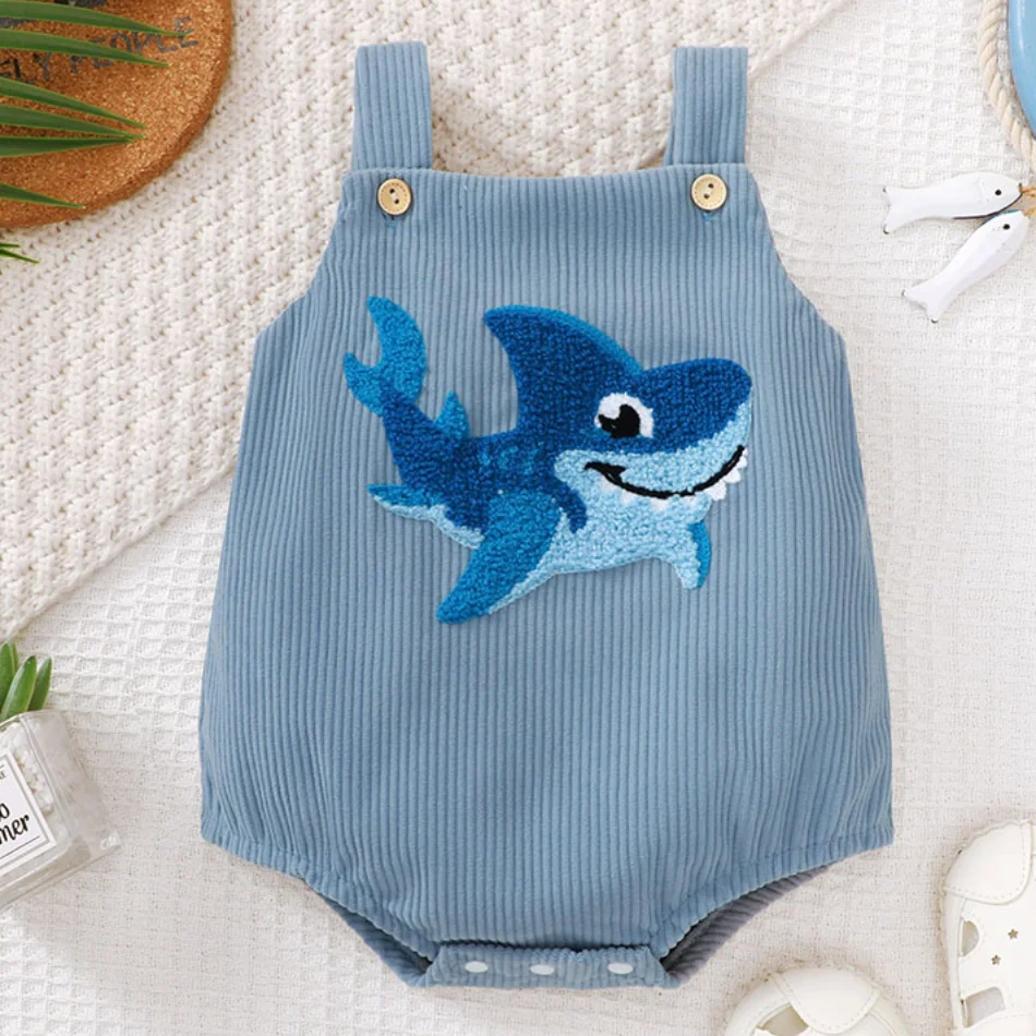 

Soft Corduroy Baby Boys Overalls with Shark Embroidery Comfortable fashionable and Casual Solid Color Suspender Bodysuits