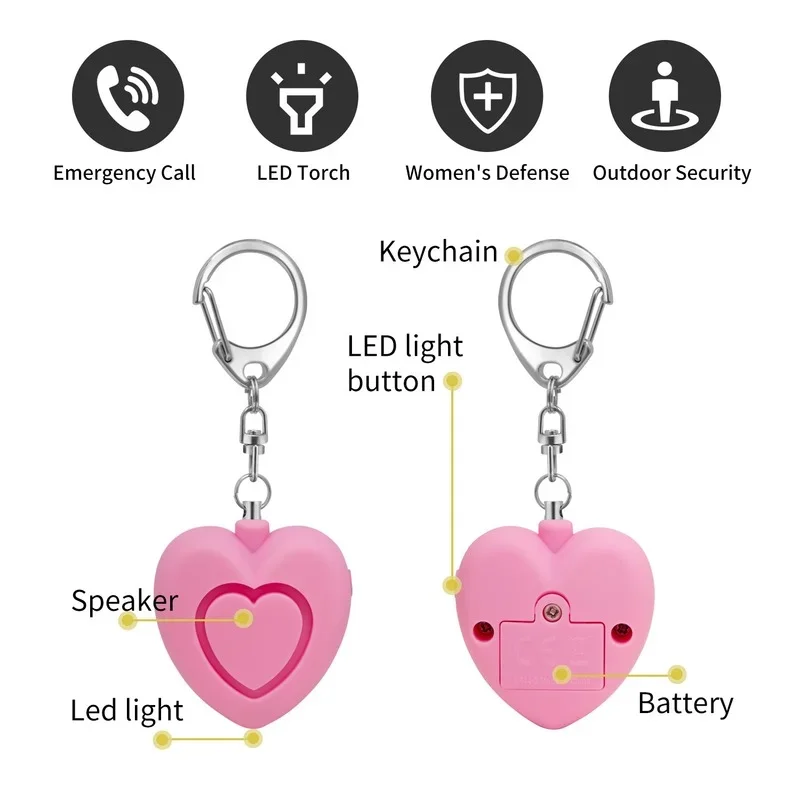 Personal Anti-attack Security Panic Loud Alarm Emergency Keychain Self Defense Heart Shape Women Alarm Potable Alarm Device