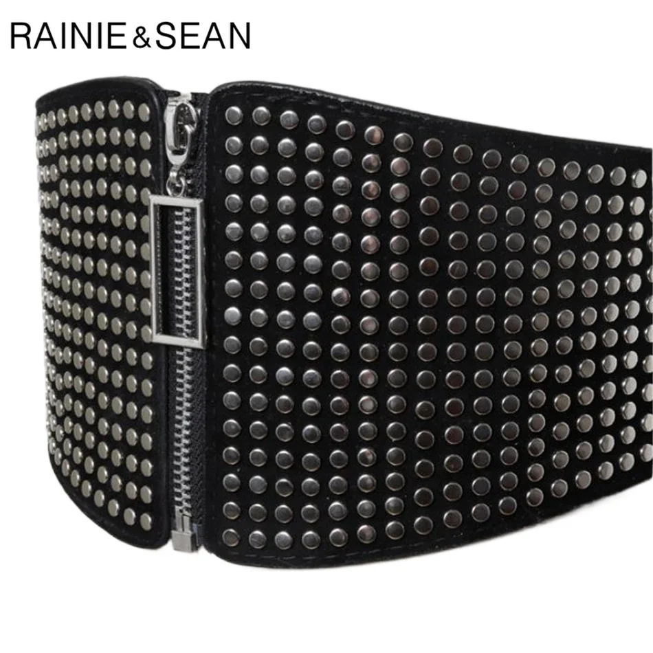 

RAINIE SEAN Black Fashion Design Belt Cummerbunds for Women Punk Rock Elastic Rivet Zipper Wide Ladies Waist Belt Leather Corset