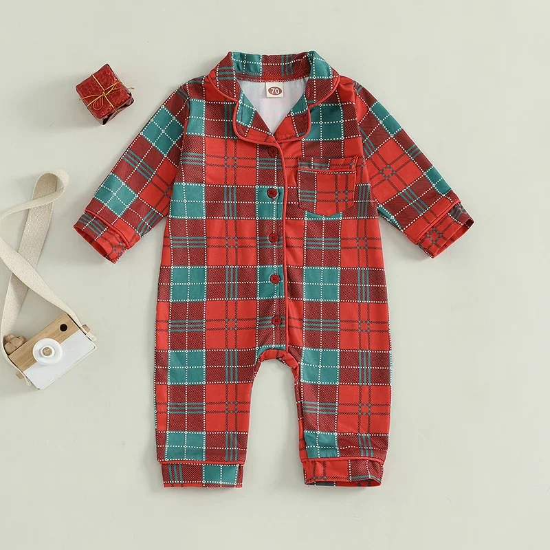 Baby Boy Girls Christmas  Rompers Red Plaid Print Single Breasted Pocket Turn-down Collar Jumpsuits Costume Newborn Clothes