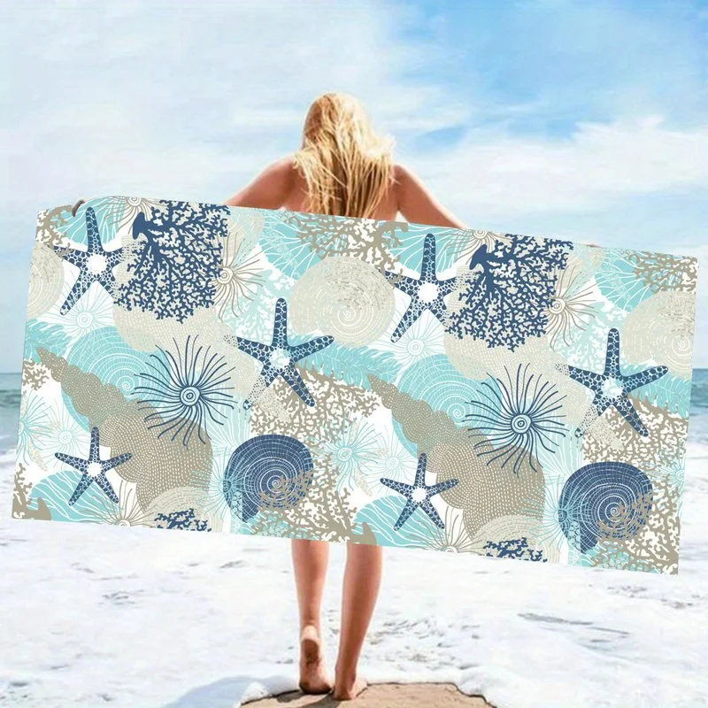 Beach Shell Starfish Pattern Bath Towel Soft Absorbent Beach Towel for Swimming Shower Travel