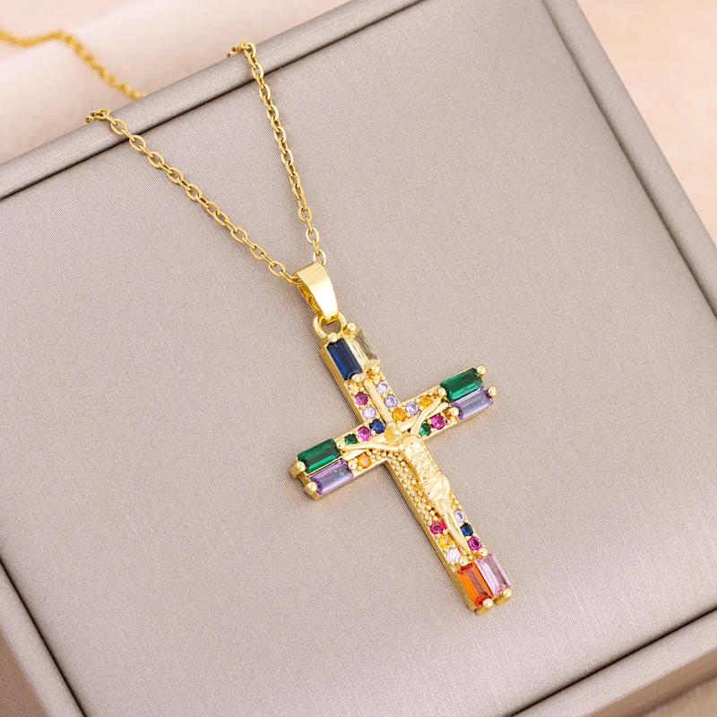 New Bohemia Retro Colorful Zircon Crystal Jesus Cross Pendant Necklaces For Women Vintage Punk Style Female Neck Chain Jewelry