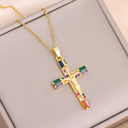 New Bohemia Retro Colorful Zircon Crystal Jesus Cross Pendant Necklaces For Women Vintage Punk Style Female Neck Chain Jewelry