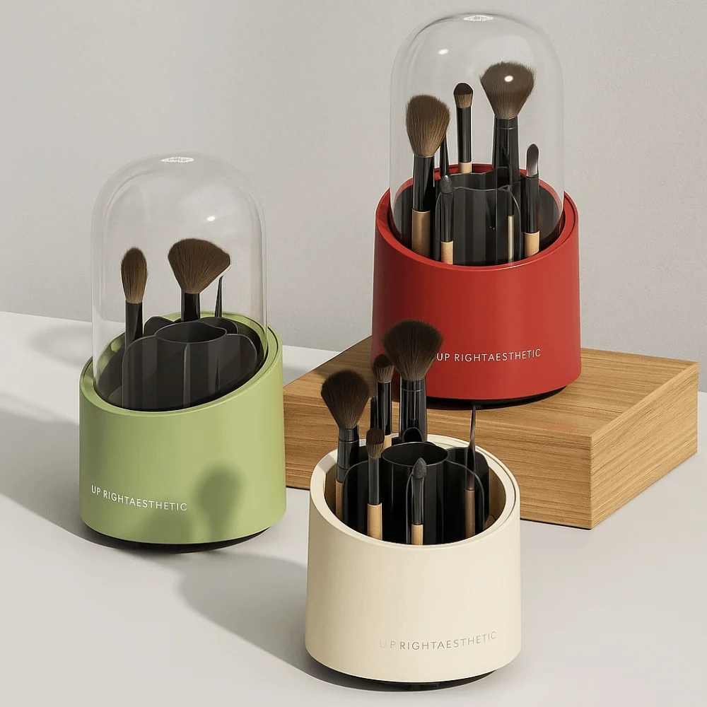 Large Capacity 360° Rotating Makeup Brushes Holder Dustproof Space Saving Cosmetic Storage Box Transparent Cover Waterproof