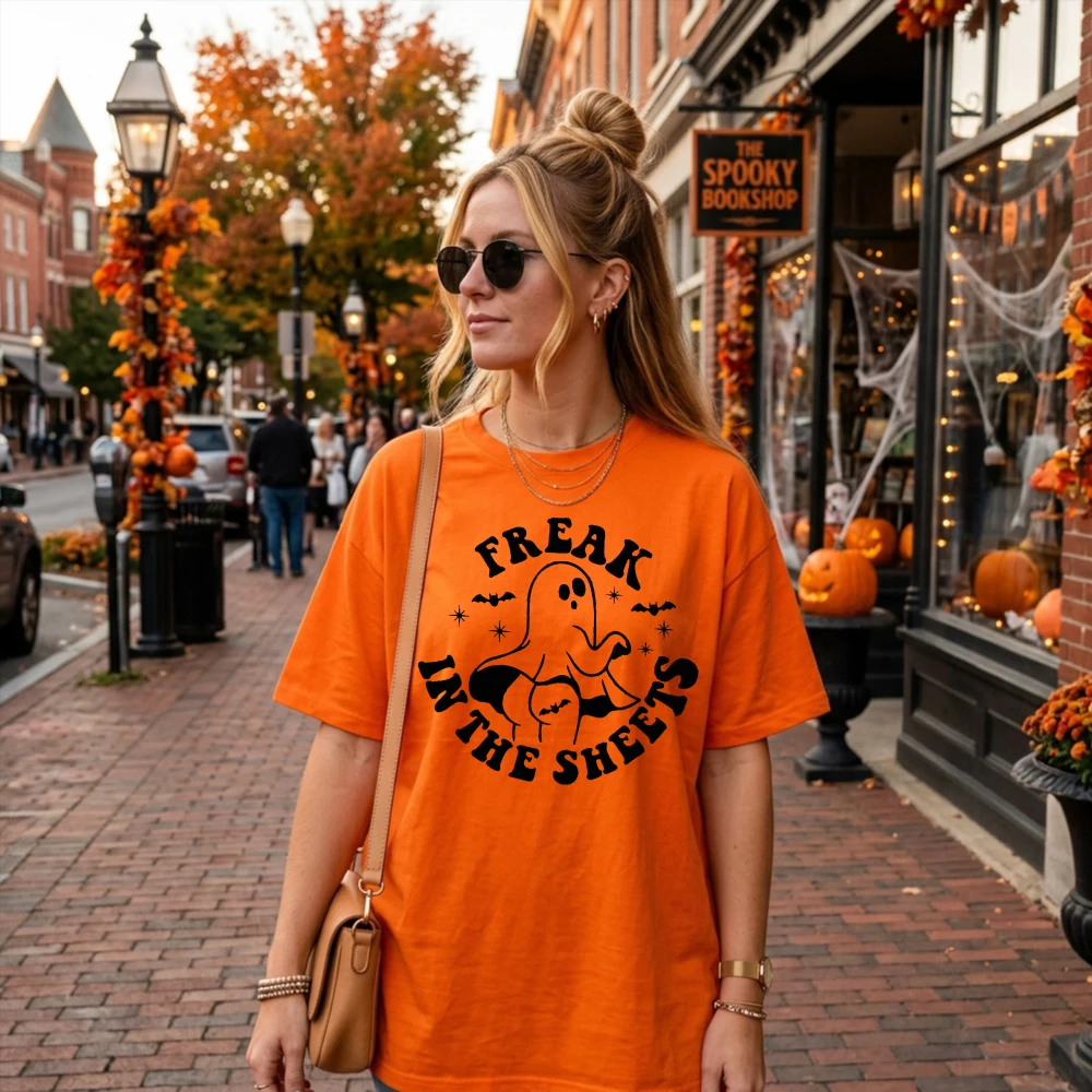 Freak in The Sheets T Shirt Halloween Ghost Graphic Tee Men Women Funny Spooky Season Bat Pumpkin Fall Retro Short Sleeve Top