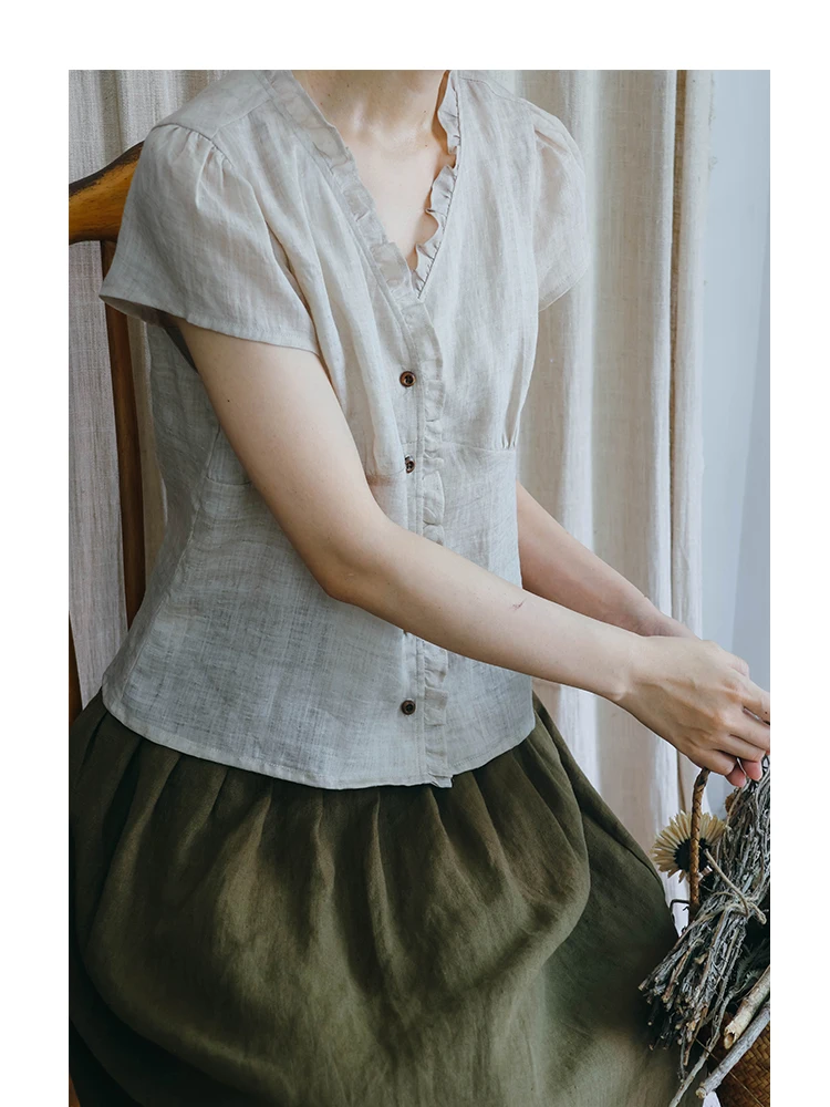 

Легкая футболка из чистого льна с V-образным вырезом и кружевной отделкой, свободного кроя, летняя, повседневная, женская, модная.