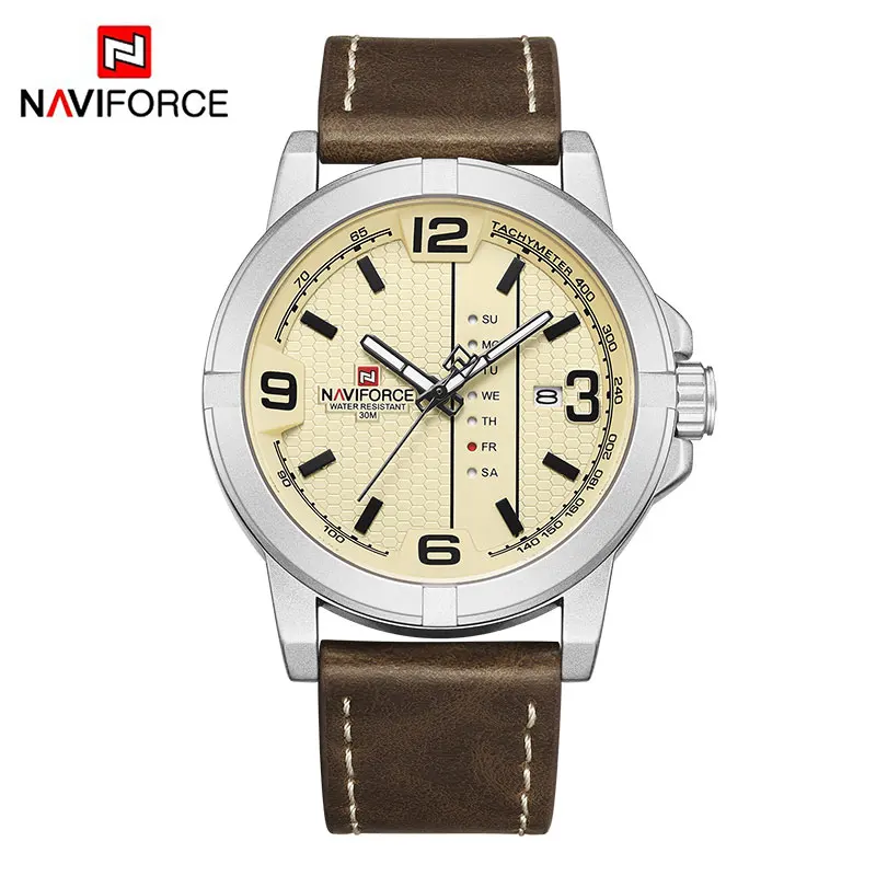 Naviforce masculino casual quartzo calendário relógios masculino relógio de pulso de couro à prova dwaterproof água moda grande dial homem relógio