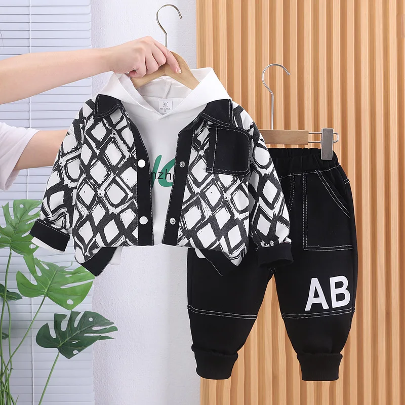 Kids Clothing Set Spring Autumn Baby Boy Clothes 1 To 5 Years Diamond Lapel Denim Jackets + Hooded Hoodies + Pants Boys Outfits