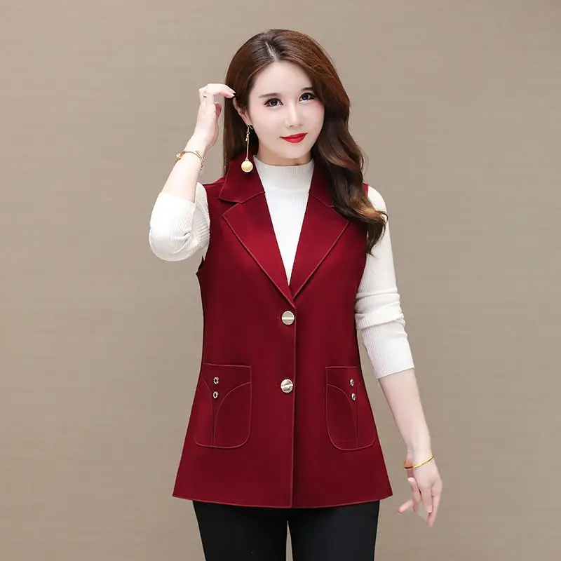 Elegant Lapel Button Spliced Pockets Vests Coats Women\'s Clothing Autumn New Loose All-match Tops Office Lady Jackets