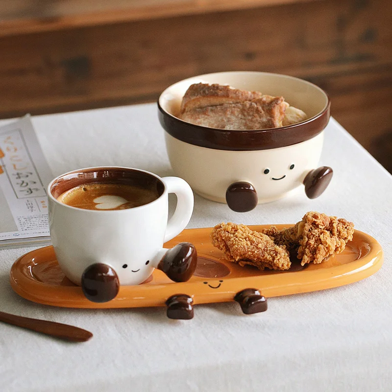 Weird and Cute Style High Temperature Firing Ceramic Cutlery Set Plate Noodle Bowl Mug With Handle Coffee Children Tableware