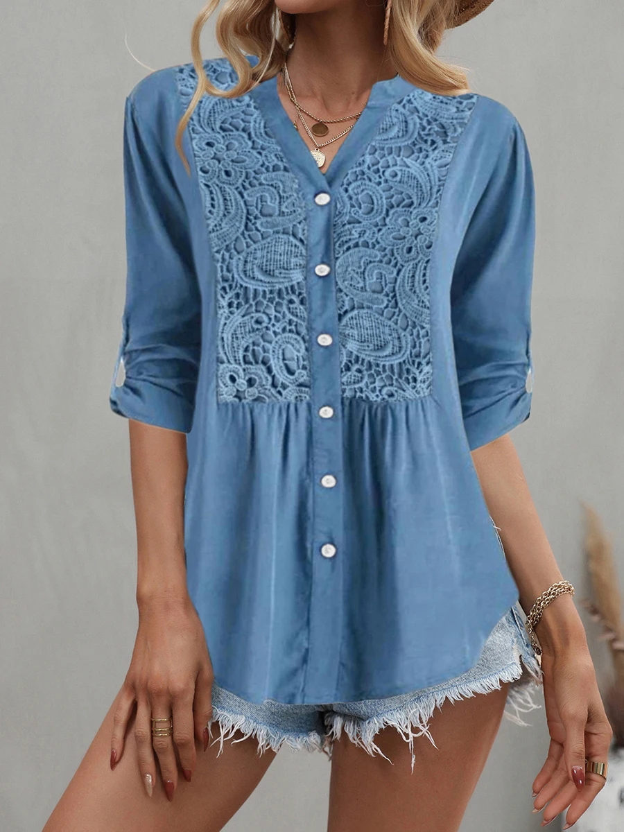 Women Lace Patchwork V-Neck Blouses Casual Button Up Long Sleeve Shirts Elegant Solid Color Loose Fit Female Tops Camisas Mujer