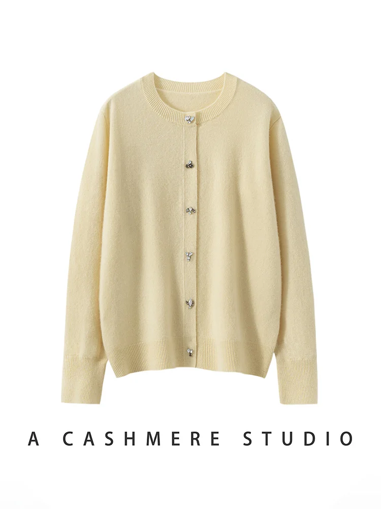 

MEETCC Women's 100% Cashmere Diamonded Buttons O Neck Cardigan Sweater Light Luxury High Quality Long Sleeve Knitwear Chic Tops
