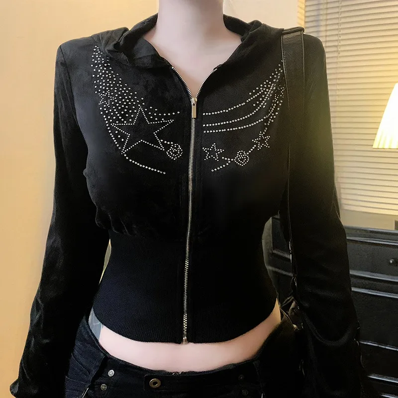 

Rhinestone Velvet Black Cropped Jacket Y2k Long Sleeve Zip Up Hoodies Graphic Woman Fall Clothes 2025 P77-CI26
