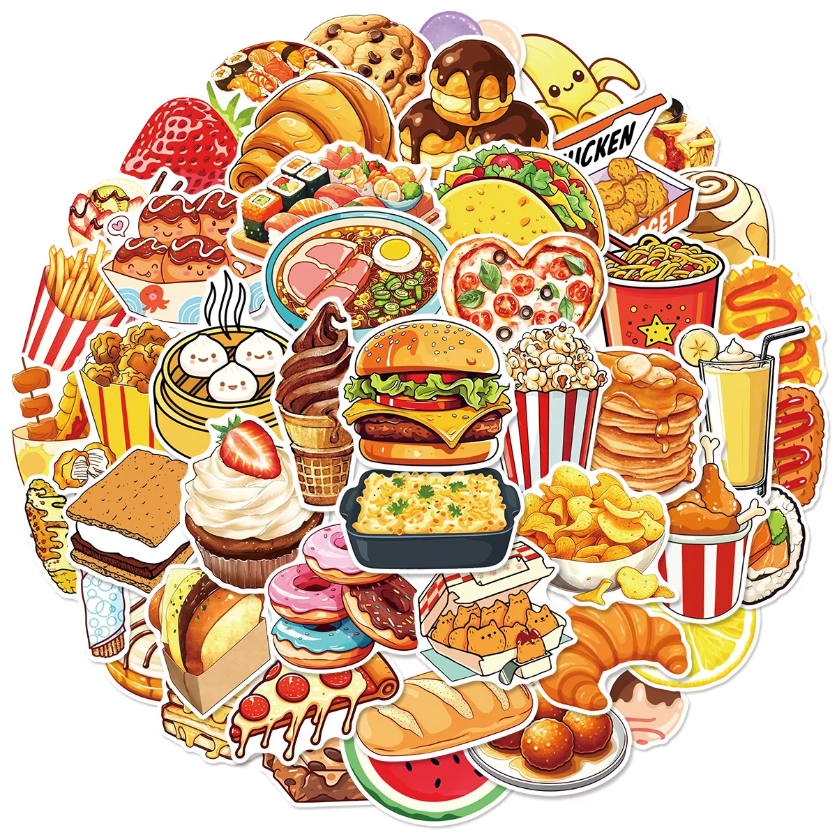 50PCS 만화 음식 스티커 음료 간식 재료 팩 그래피티 장식용 노트북 물컵 기타 방수 스티커 어린이 장난감