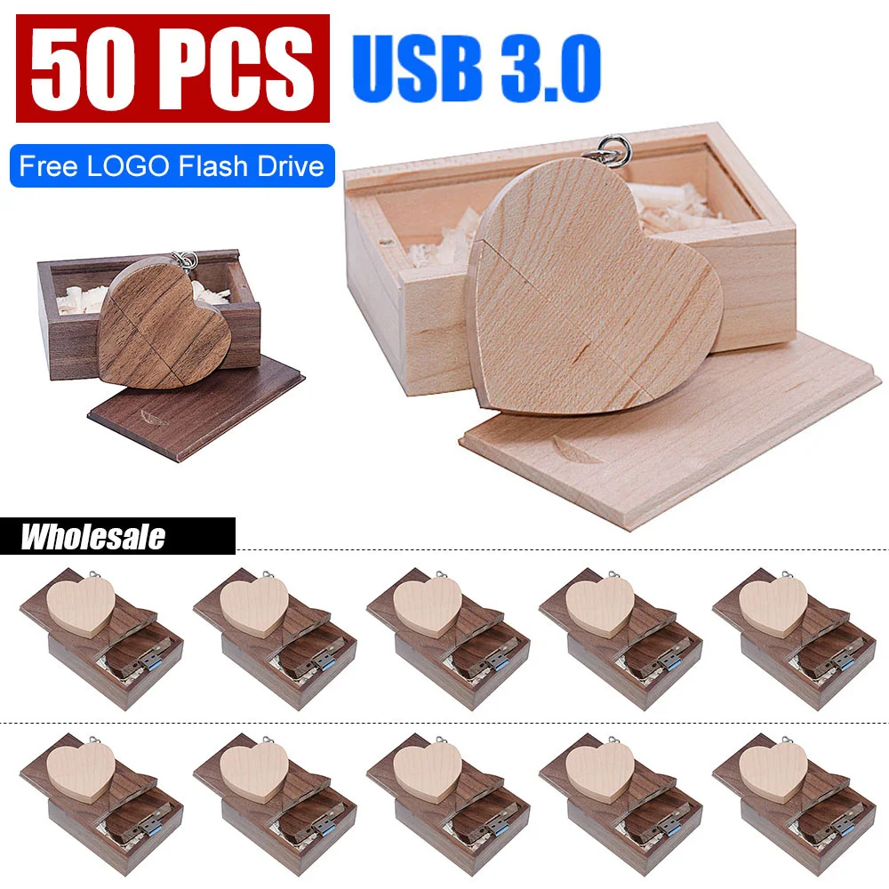 50pcs Heart-shaped Wooden 3.0USB Flash Drive Free Custom Logo Pen Drive 8/16/32/64/128GB with Keychain Memory Stick Wedding Gift