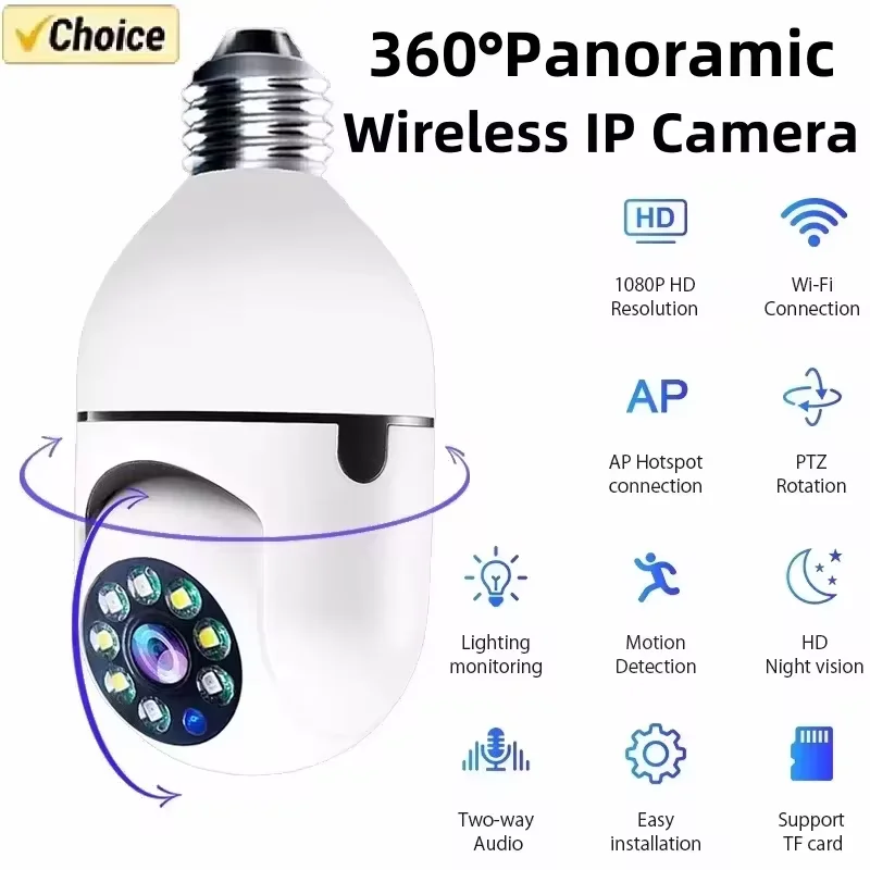 Bulb Surveillance Camera Night Vision Wireless 360° Wifi IP PTZ Outdoor Camera Indoor Security Monitor Wifi Camera Smart Securit