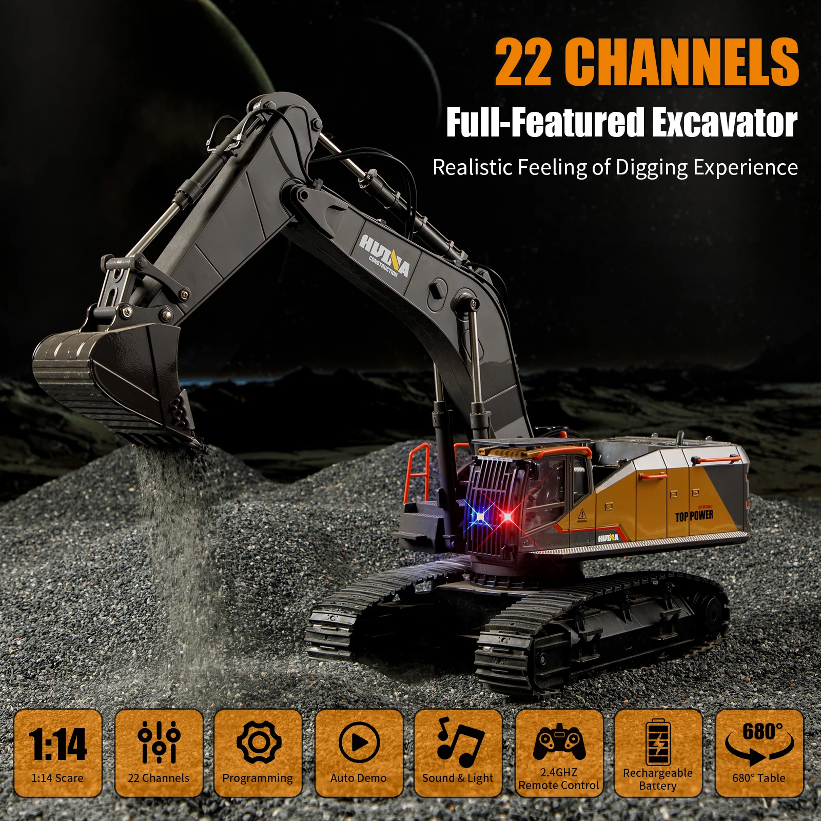 HUINA 1/14 RC Alloy Remote Control Excavator 2.4GHZ 22CH Wireless Remote Control Engineering Vehicle Model Boy Children\'s Toy