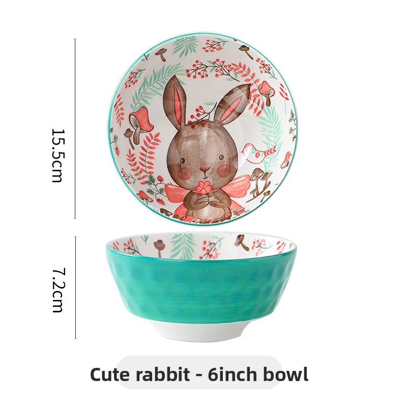 Cute Rabbit Ceramic Bowls with Underglaze Color, Creative Cartoon Deer Antler Rice Bowl, Household Kitchen Utensils, Soup Bowl 6