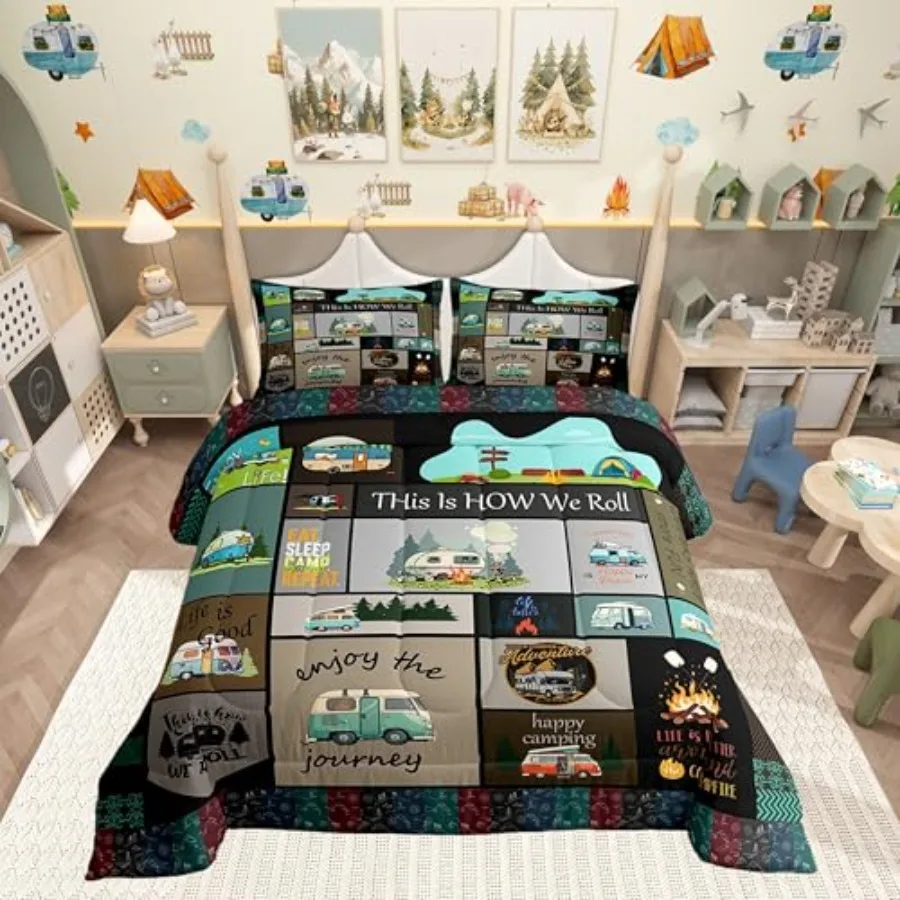 

Camper Theme Size Comforter Set Happy Camping Bedding Set for Adults Teens Cartoon Cars Comforter Luxury Travel Car Grid Quilt