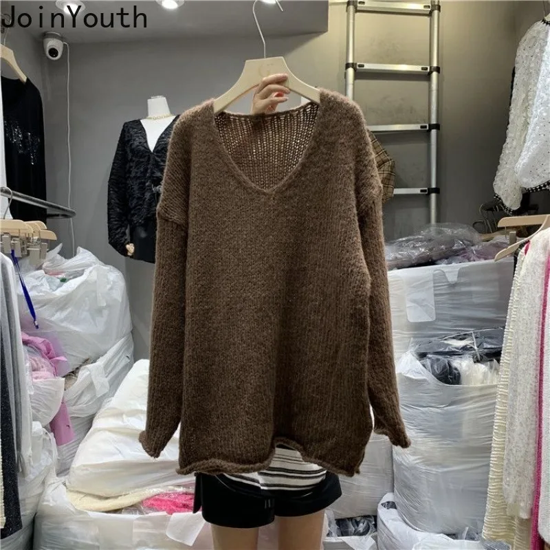 Striped Sweaters for Women V-neck Fashion Casual Jumper Sueter Mujer Y2k Tops Korean Knitting Oversized Pullovers Pull Femme