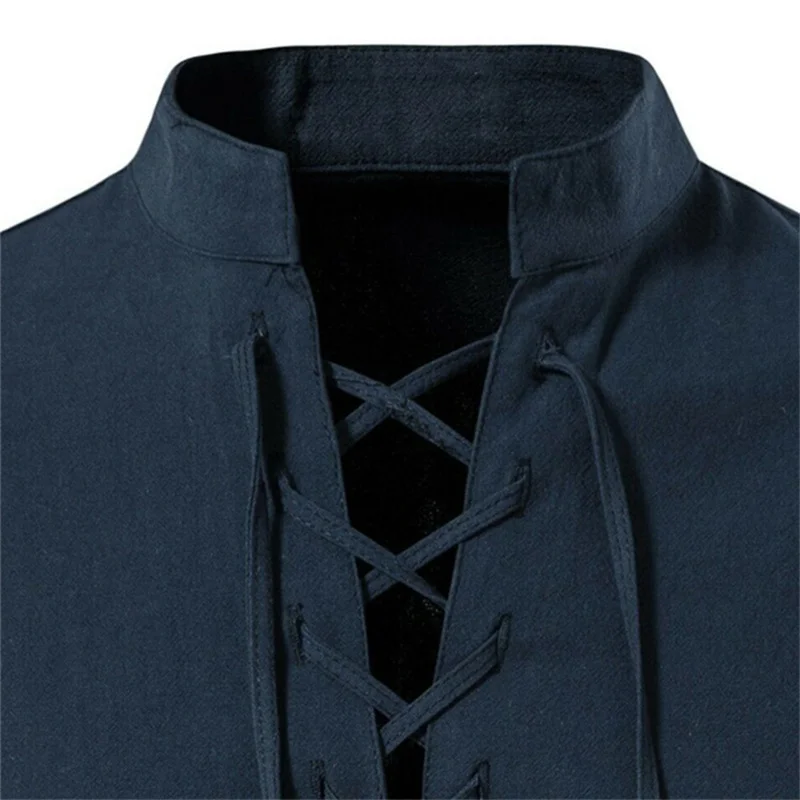 2023 New Men\'s V-neck shirt T-shirt Fashion Vintage Thin Long Sleeve Top men Casual Breathable Front Lace Up man Shirts