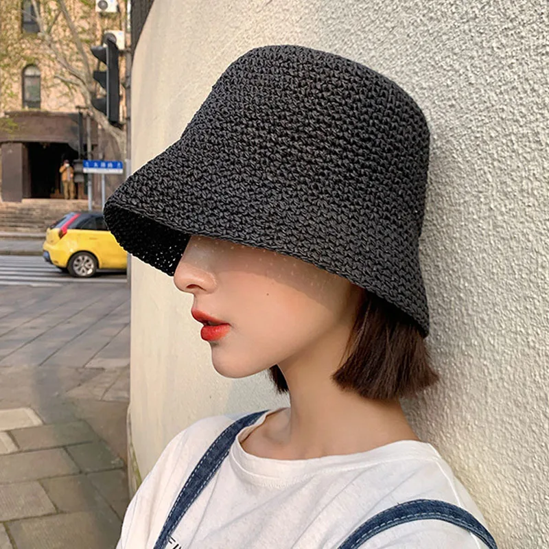 Solid Color Braid Bucket Hat For Women Summer Hollow Out Breathable Beach Hats Knit Dome Fisherman Caps Lady Sunshade Panama Cap