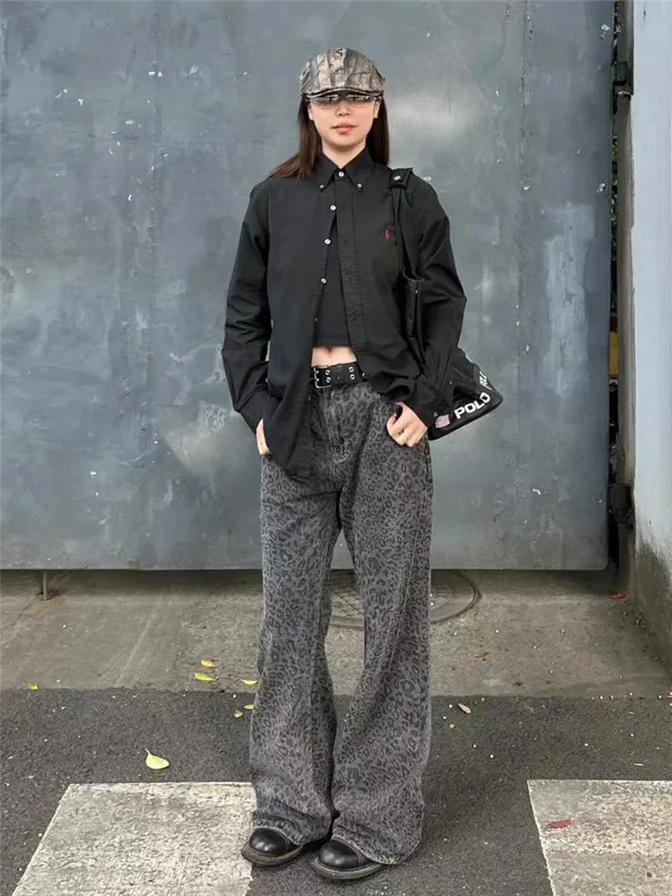 

Американские ретро-джинсы с леопардовым принтом, высокой талией, облегающего кроя, длинные, широкие, в пол, для высоких женщин, осенний сезон