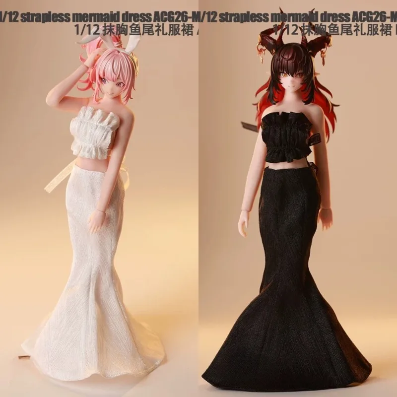 

1/12 Scale Trendy Female Soldiers Black/white/red Strapless Fishtail Dress Clothes Model for 6in Bjd Toy Figures Body Doll Decor