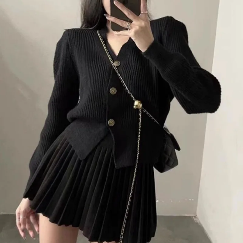 French Elegant Vintage Knitted Set Women Long Sleeve Single Breasted Tops Mini Pleated Skirts Suit High Street Outfit Knitwear