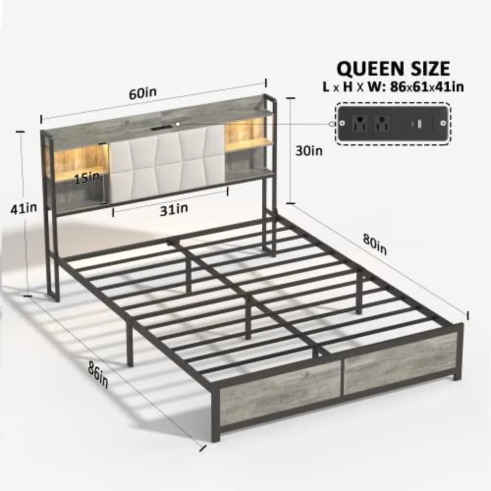 bedstead.New Industrial Bed FrameQueen Size LED Lights Velvet Headboard and2USB Charging StationVintage RusticQueen Bed Frame