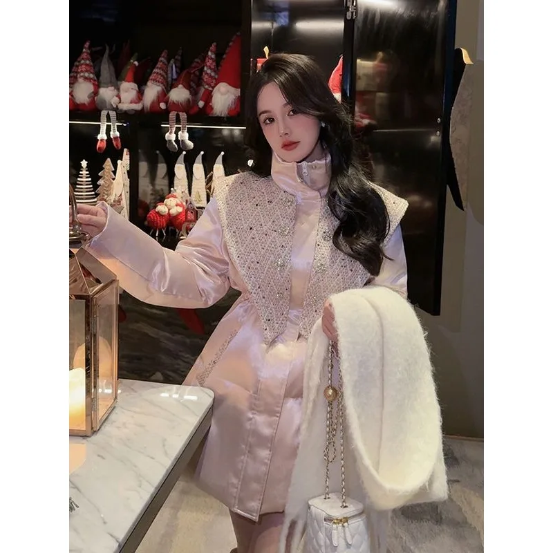 

Temperament Commuting Style Design Sense Pink with Removable Vest Two Wear Medium and Long Coat Women's Winter New Year's Robe