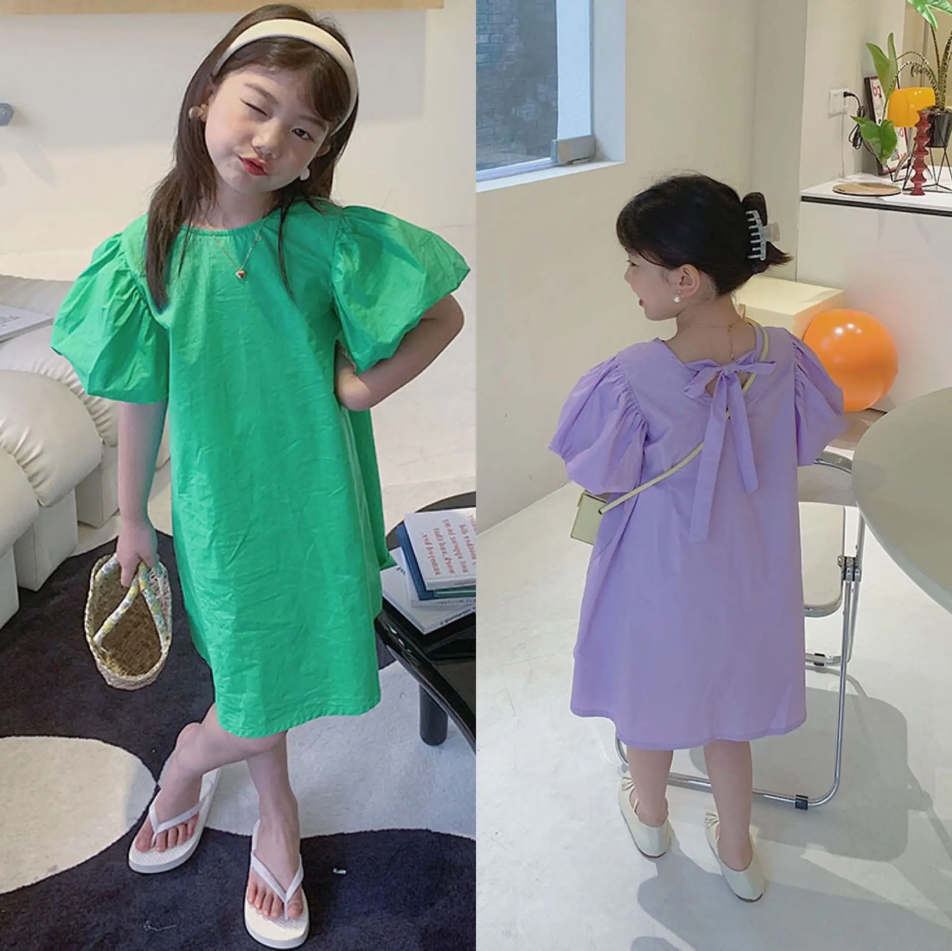 Summer Baby Girls Princess Dress Sweet Solid Color Puff Sleeve Dress  Girls Fashion Kids Outfit 3-7Y Children Dresses For Girls