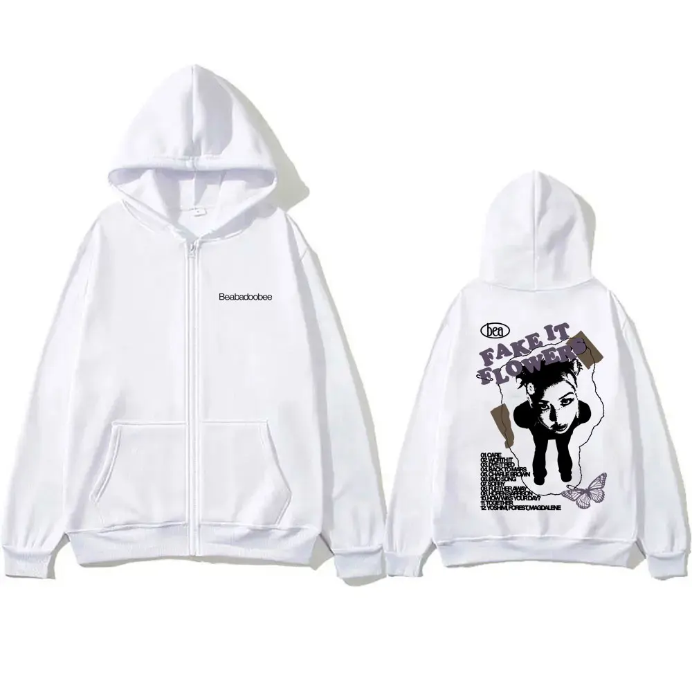 

Beabadoobee Fake It Flowers Zipper Hoodie Men Women Hip Hop Fashion Pop Music Zip Up Jacket Man Casual Vintage Zip Up Sweatshirt