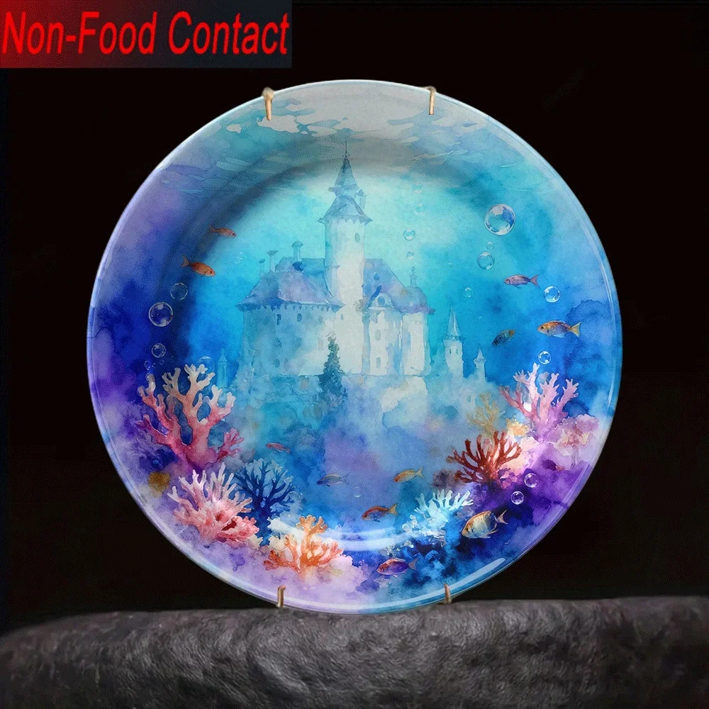 1pc Underwater Castle Ceramic Decorative Plate - Non-Food Contact Safe, Vibrant & Orange Coral Reef Design, Perfect for Home,