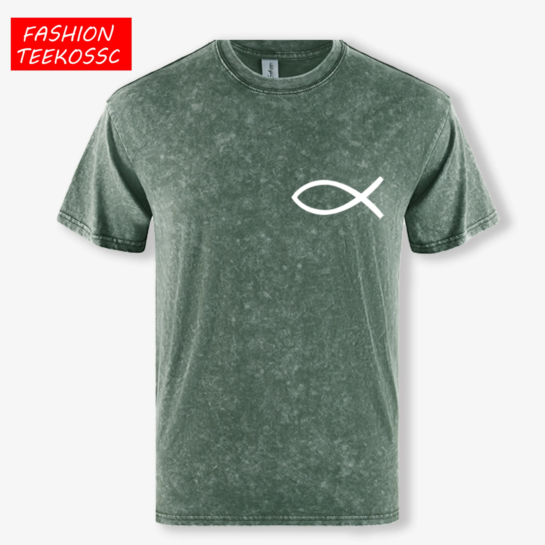 Ein einfaches Zeichnen von Fisch-Aufdruck, schneegewaschenes T-Shirt für Herren, Sommer, cool, kurzärmelig, lockere Unisex-Baumwoll-Tops, trendiges All-Match-Top