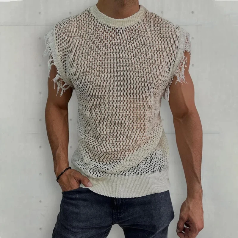 

New Summer Knitted Round Neck Sleeveless Hollow Sweater Vest Muscular Men's Clothing