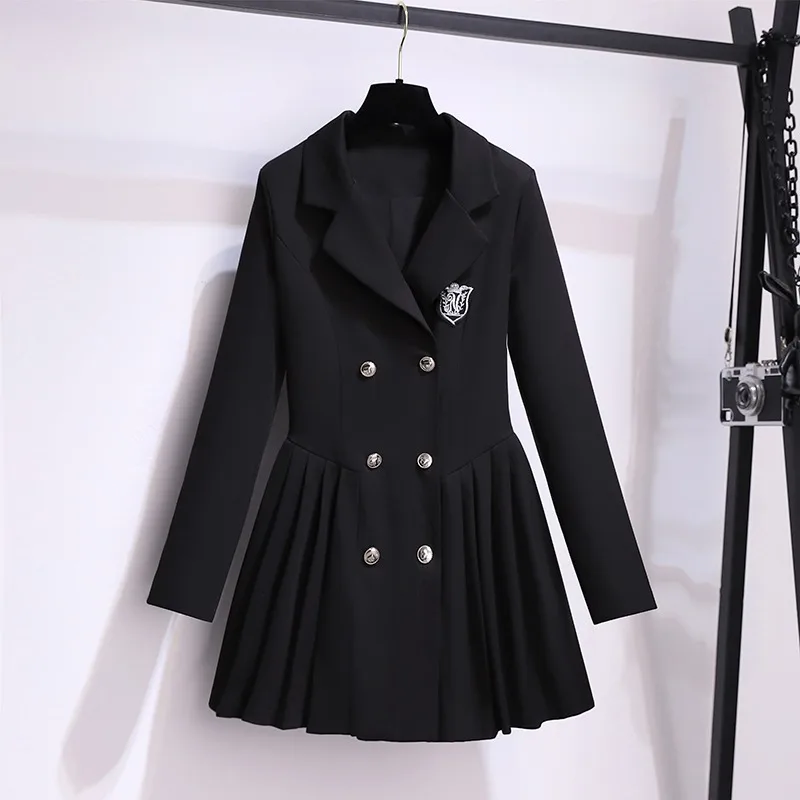 Academy Trench Coat Spring and Autumn Coat Waist Jk Uniform Coat Hepburn Black Dress Sexy Pleated Dress